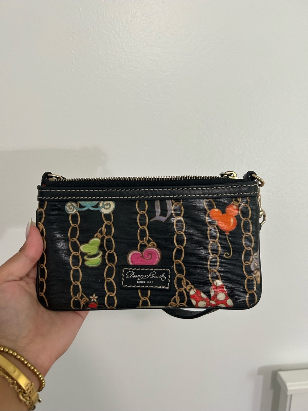 Dooney & Bourke Black Chain Print Wristlet with Disney Charms